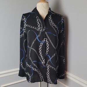 CHELSEA & THEODORE Black Chain Belt Old Money Office Professional Dress Blouse